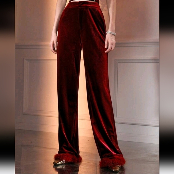 VELVET SOLID ZIPPER FLY SLANT POCKET FLUFFY HEM BAGGY SUIT PANTS - Picture 1 of 4